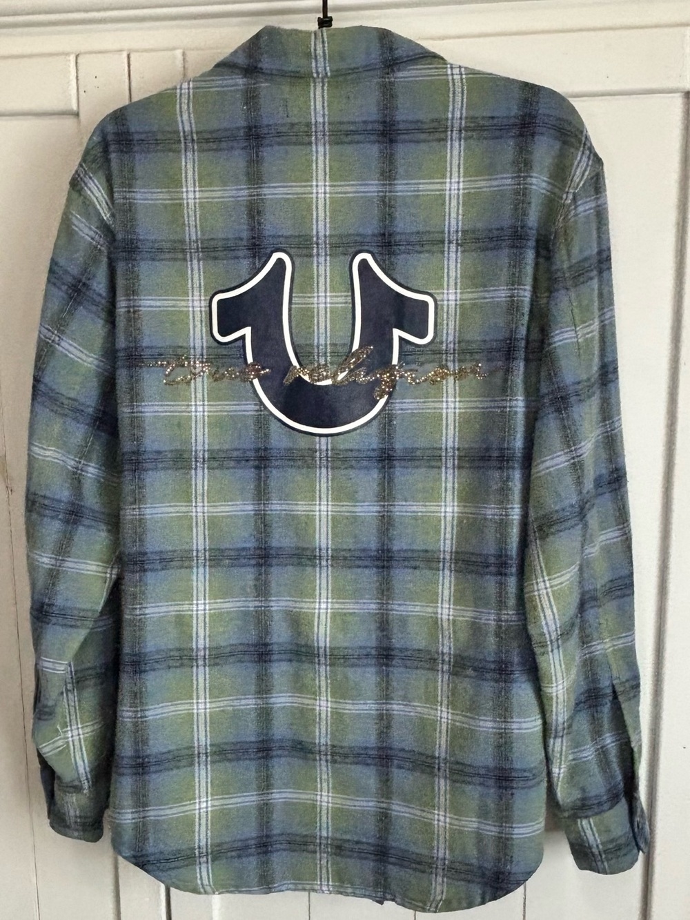 True Religion Plaid Flannel Shirt Horseshoe Logo Rhinestone Back Small - Picture 5 of 14